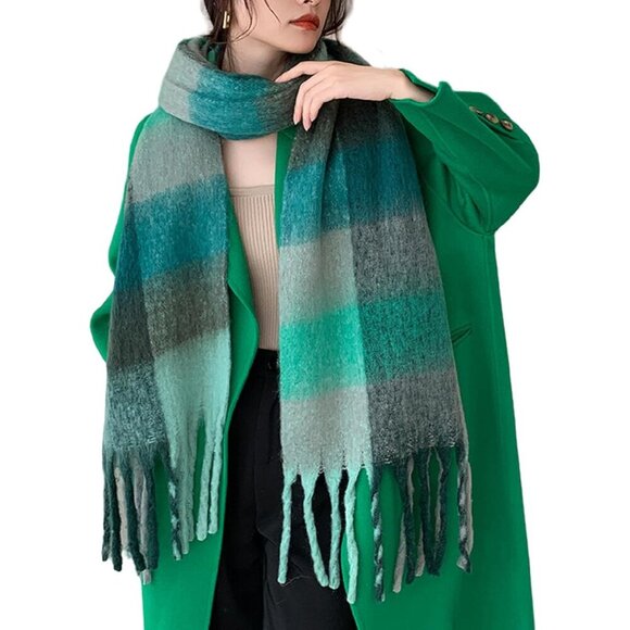 Women's Grey Cyan Winter Warm Long Shawl Cold Weather Thick Blanket Scarf